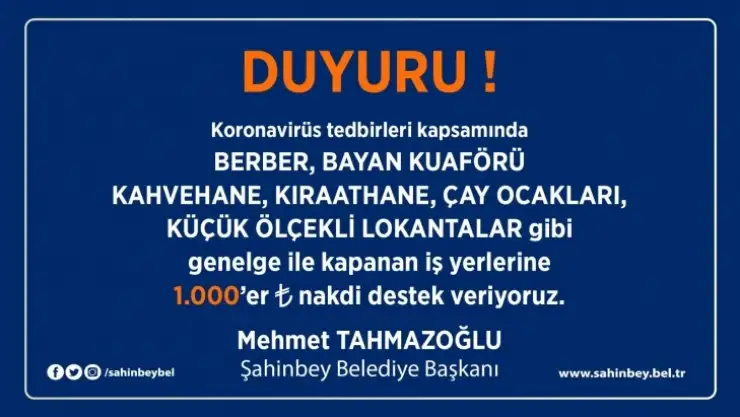 Genelge İle Kapanan İş Yerlerine 1000 TL Destek